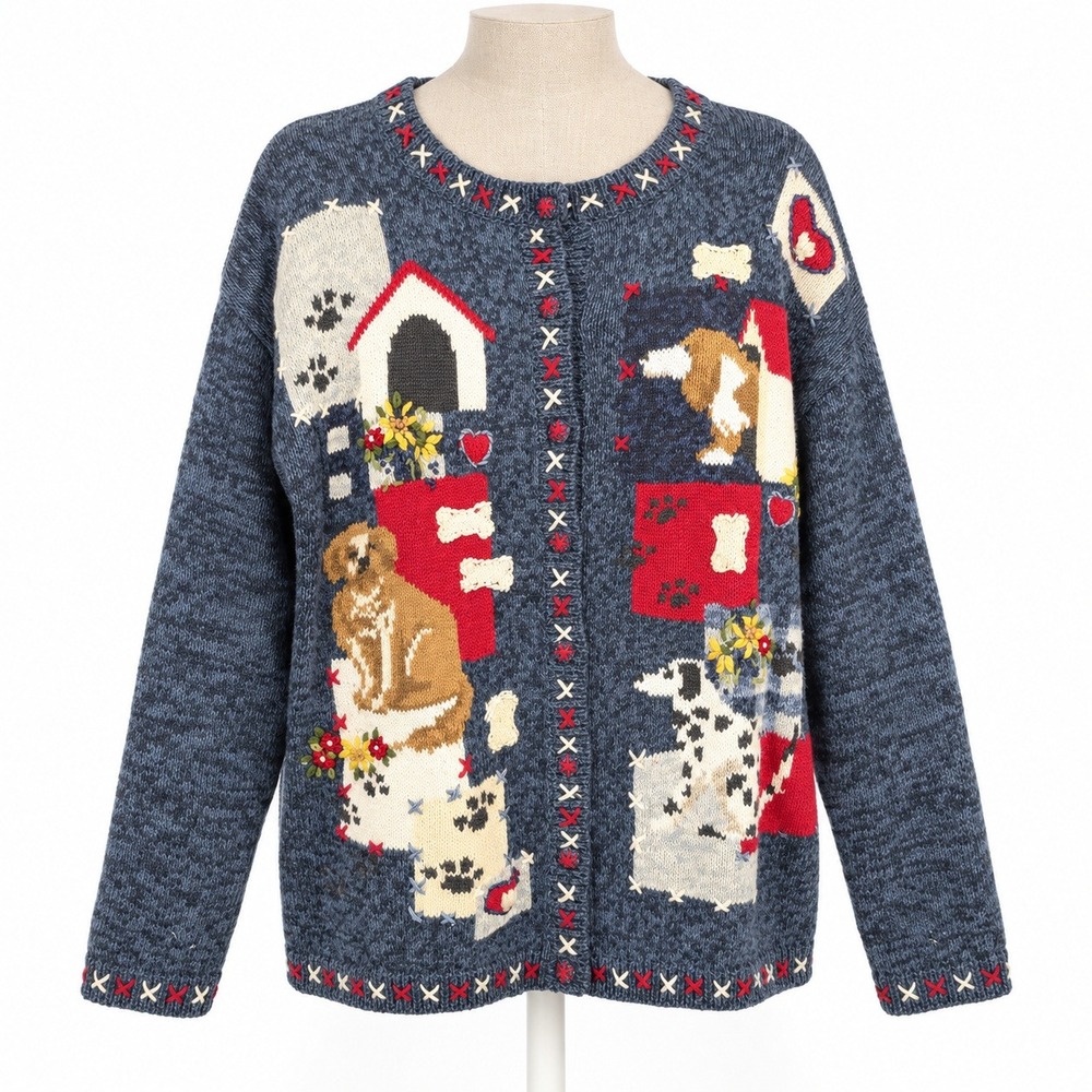 Vintage 90s Puppy Dog House Cardigan Size S Novelty Cottagecore Pet Lover Retro